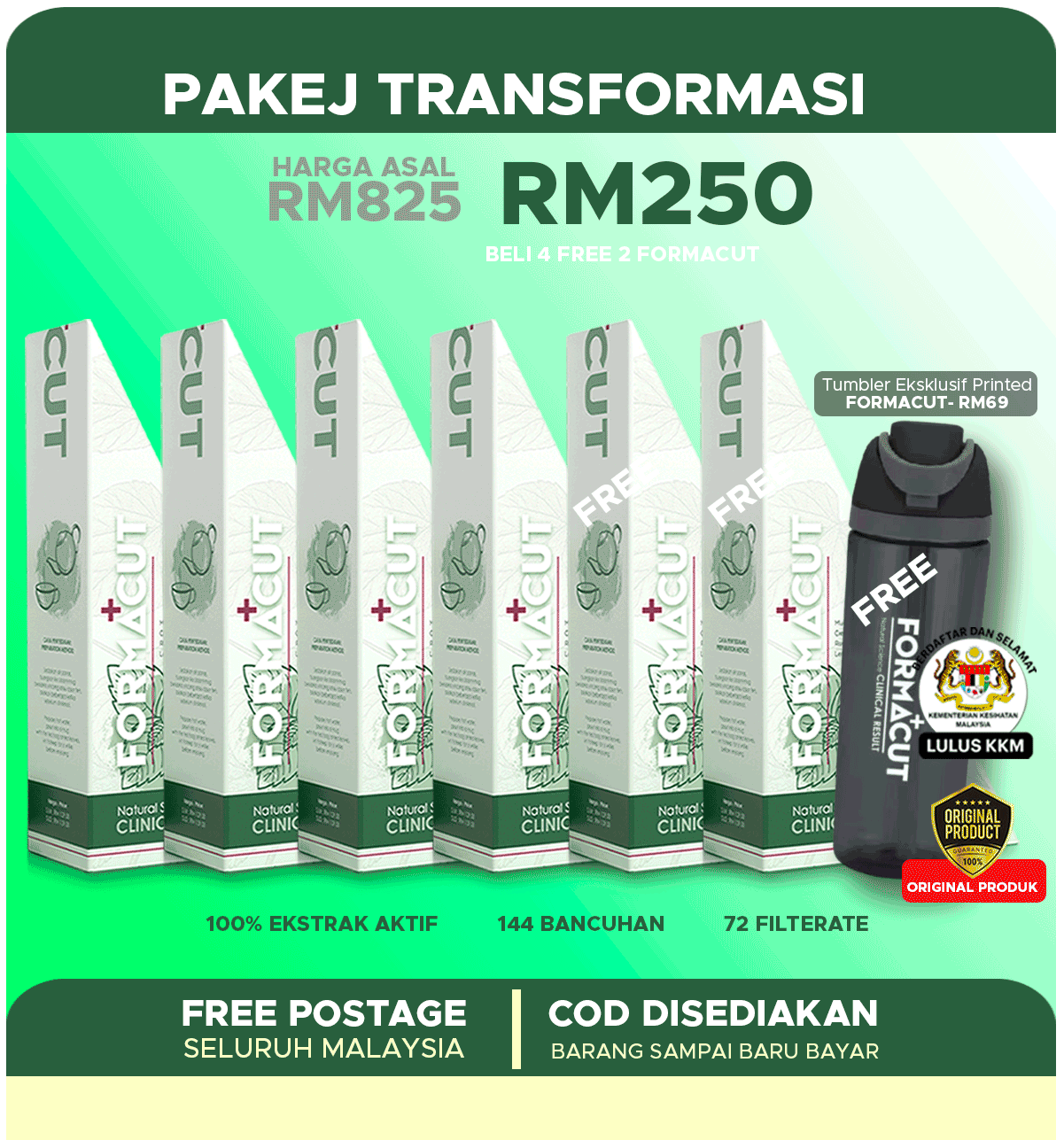 PAKEJ TRANSFORMASI PROMO ( 4 KOTAK FORMACUT + FREE 2 KOTAK + 1 TUMBLER EXCLUSIVE )